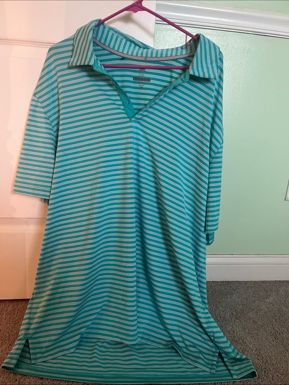 adidas Teal and White Striped Button-Down Polo Men’s